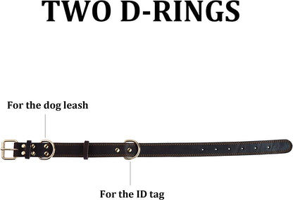Leather Dog Collar, Genuine Heavy Duty Wide Dog Collar for Small,Medium,Large and Extra Large Dog (S: 0.8" Wide for 13.4"-15.8" Neck, Dual Stitch - Brown)